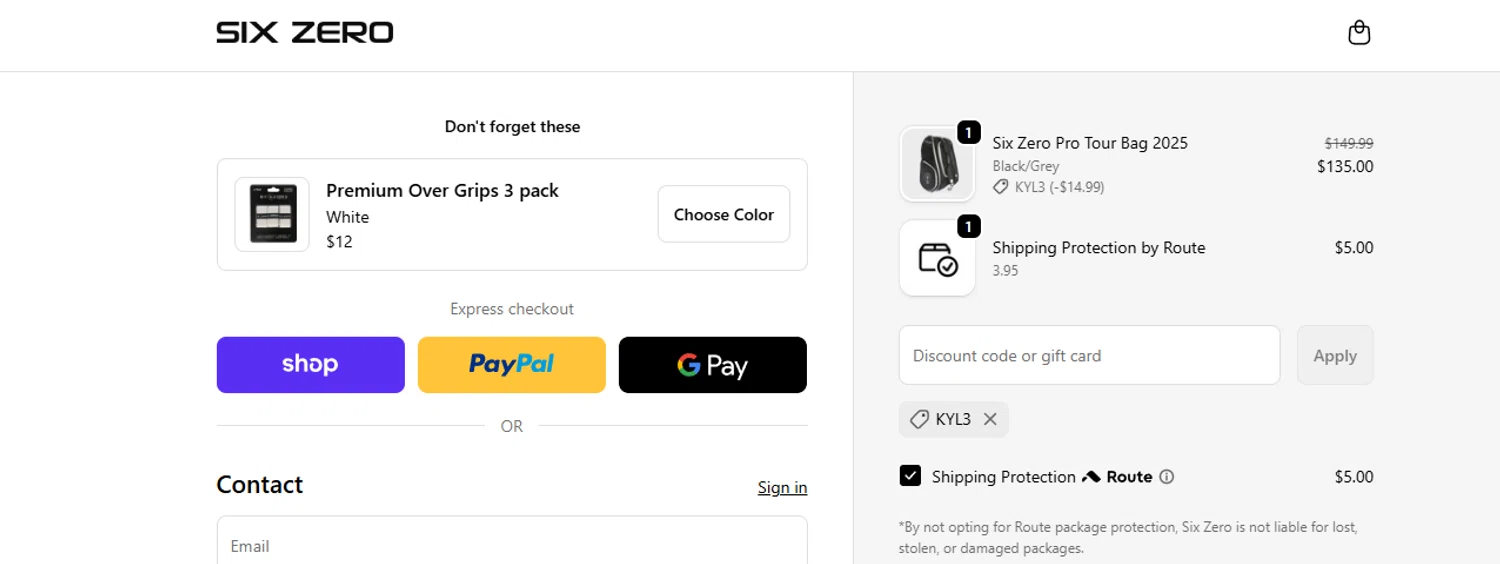 Six Zero Pickleball discount code screenshot showing code KYL3 applied at Six Zero Pickleball checkout page. Uploaded by SimplyCodes community member ashe1986 on Dec 15, 2025