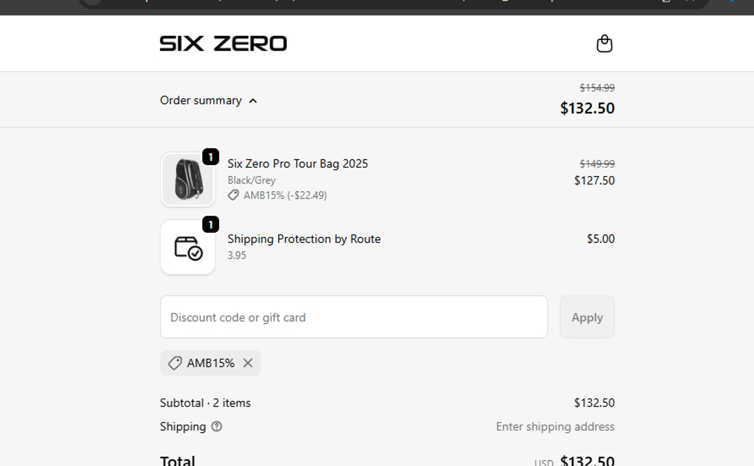 Six Zero Pickleball discount code screenshot showing code AMB15% applied at Six Zero Pickleball checkout page. Uploaded by SimplyCodes community member ashe1986 on Dec 15, 2025