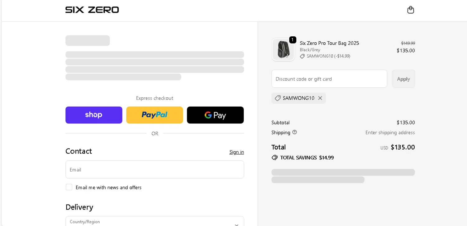 Six Zero Pickleball discount code screenshot showing code SAMWONG10 applied at Six Zero Pickleball checkout page. Uploaded by SimplyCodes community member shark12 on Dec 24, 2025