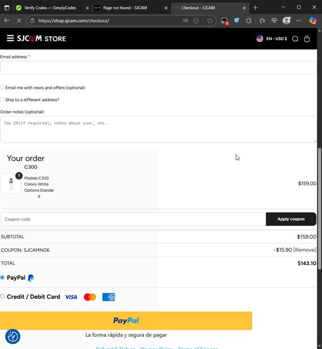 SJCAM checkout page showing SJCAM promo code box | Screenshot taken by SimplyCodes community member on Aug 13, 2025