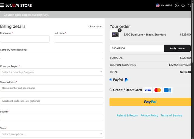 SJCAM checkout page showing SJCAM promo code box | Screenshot taken by SimplyCodes community member on Jun 6, 2025