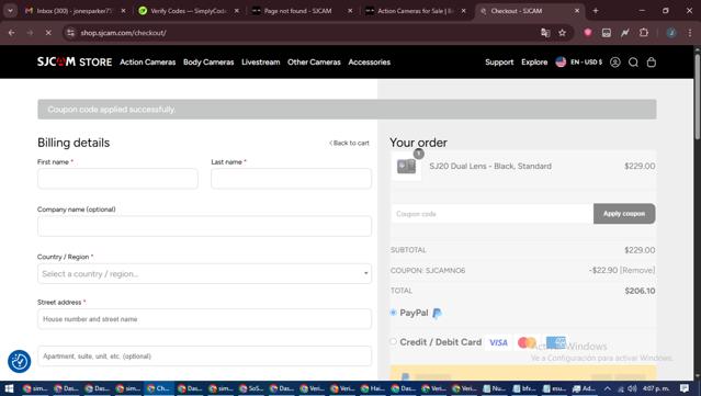 SJCAM checkout page showing SJCAM promo code box | Screenshot taken by SimplyCodes community member on Jun 27, 2025