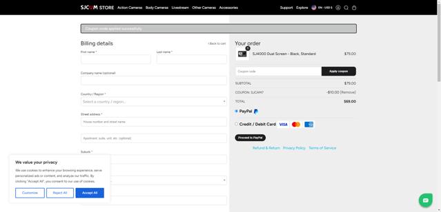 SJCAM checkout page showing SJCAM promo code box | Screenshot taken by SimplyCodes community member on Jun 6, 2025