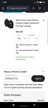 San Jose Sharks Shop coupon verification screenshot