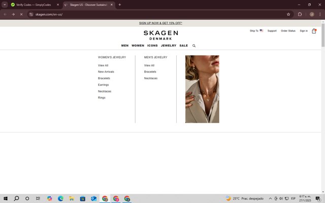 Skagen checkout page showing Skagen promo code box | Screenshot taken by SimplyCodes community member on Jan 27, 2025