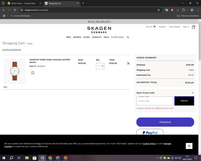 Skagen checkout page showing Skagen promo code box | Screenshot taken by SimplyCodes community member on Jan 24, 2025