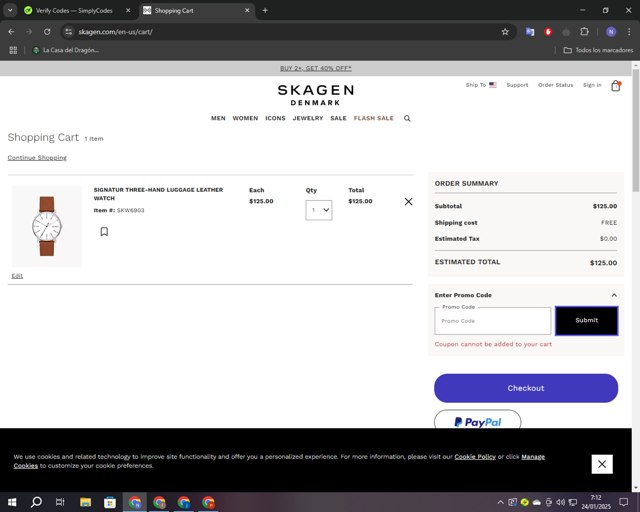 Skagen checkout page showing Skagen promo code box | Screenshot taken by SimplyCodes community member on Jan 24, 2025