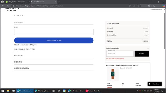 Skagen checkout page showing Skagen promo code box | Screenshot taken by SimplyCodes community member on Jan 18, 2025