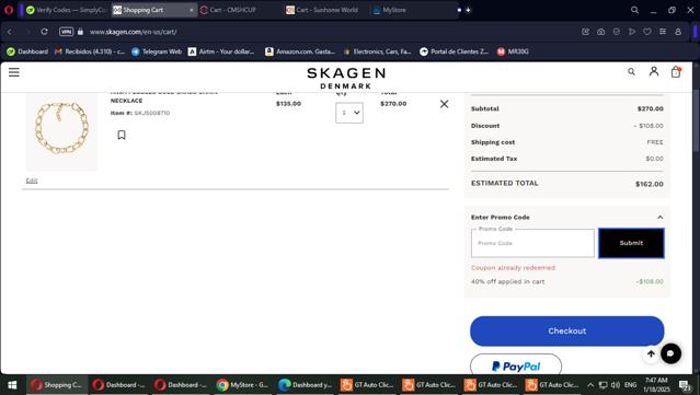 Skagen checkout page showing Skagen promo code box | Screenshot taken by SimplyCodes community member on Jan 18, 2025