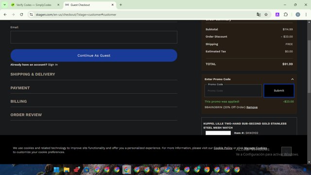 Skagen checkout page showing Skagen promo code box | Screenshot taken by SimplyCodes community member on Jan 18, 2025