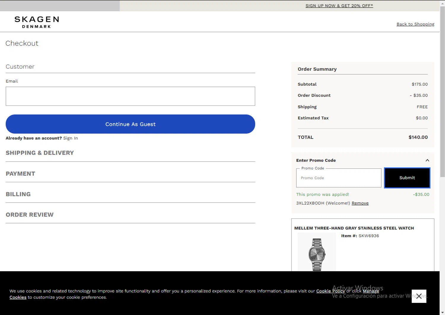 Skagen checkout page showing Skagen promo code box | Screenshot taken by SimplyCodes community member on Feb 28, 2025