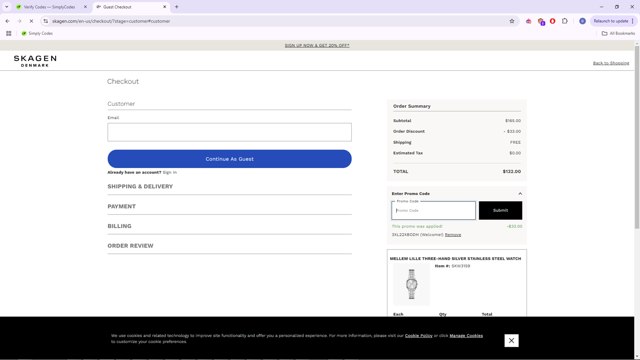 Skagen checkout page showing Skagen promo code box | Screenshot taken by SimplyCodes community member on Feb 19, 2025