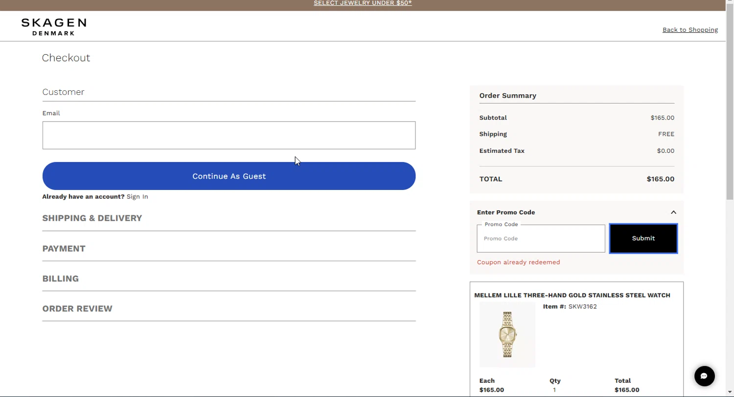 Skagen checkout page showing Skagen promo code box | Screenshot taken by SimplyCodes community member on Mar 23, 2025