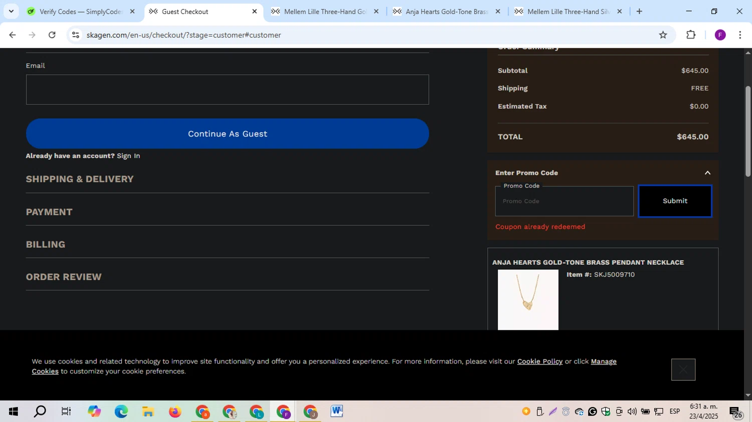 Skagen promo code screenshot showing code AT2YFQUVF3 applied at Skagen checkout page. Uploaded by SimplyCodes community member PromoFalcon7590 on Apr 23, 2025