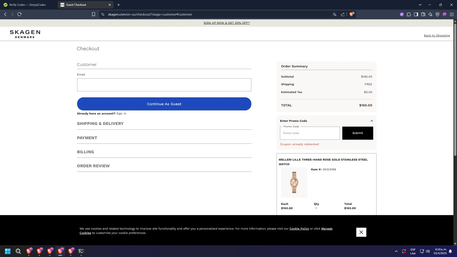 Skagen promo code screenshot showing code AT2YFQUVF3 applied at Skagen checkout page. Uploaded by SimplyCodes community member diossanto0421 on Apr 23, 2025
