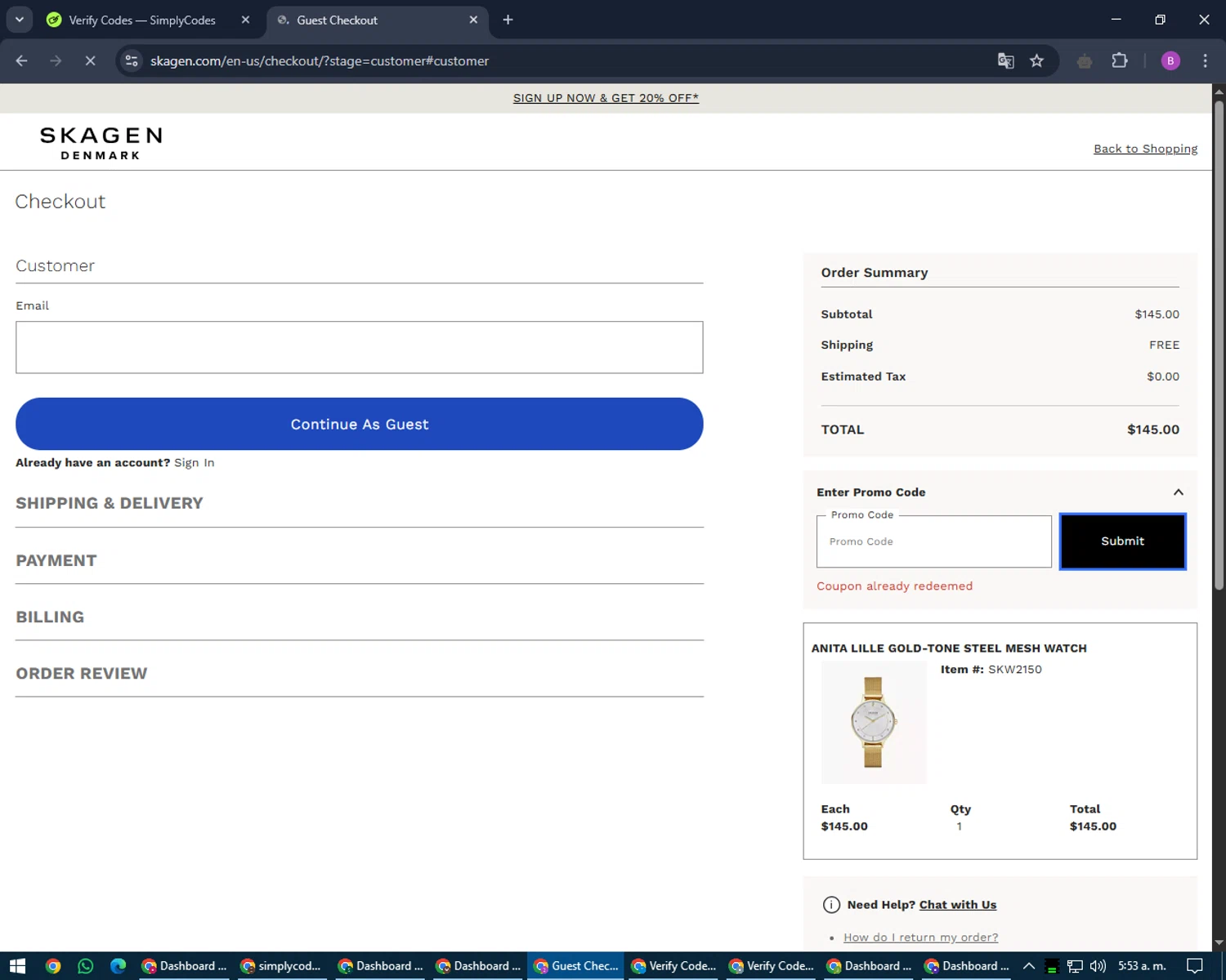 Skagen promo code screenshot showing code AT2YFQUVF3 applied at Skagen checkout page. Uploaded by SimplyCodes community member travisscott on Apr 23, 2025