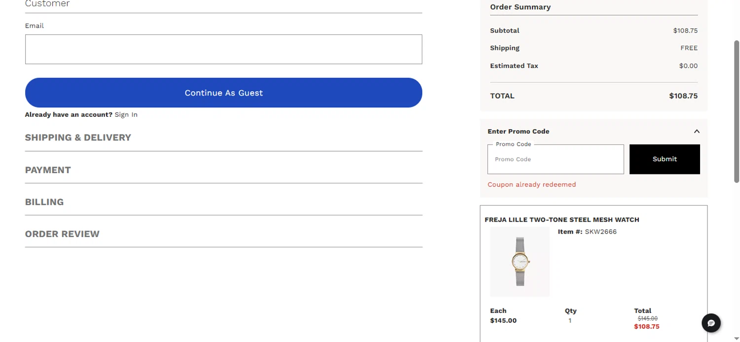 Skagen promo code screenshot showing code VENVIOKOKC applied at Skagen checkout page. Uploaded by SimplyCodes community member peachee on Nov 14, 2025