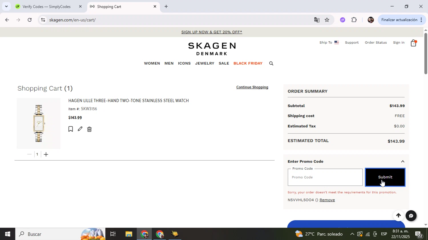 Skagen promo code screenshot showing code N5VVHL5OO4 applied at Skagen checkout page. Uploaded by SimplyCodes community member Junniorduno on Nov 22, 2025