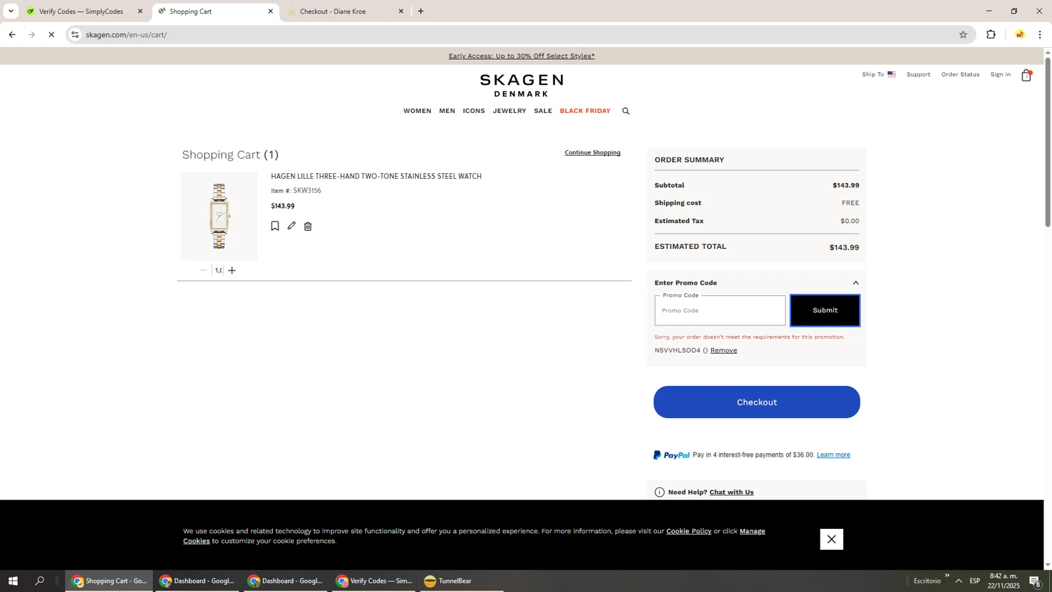 Skagen promo code screenshot showing code N5VVHL5OO4 applied at Skagen checkout page. Uploaded by SimplyCodes community member Richard251 on Nov 22, 2025