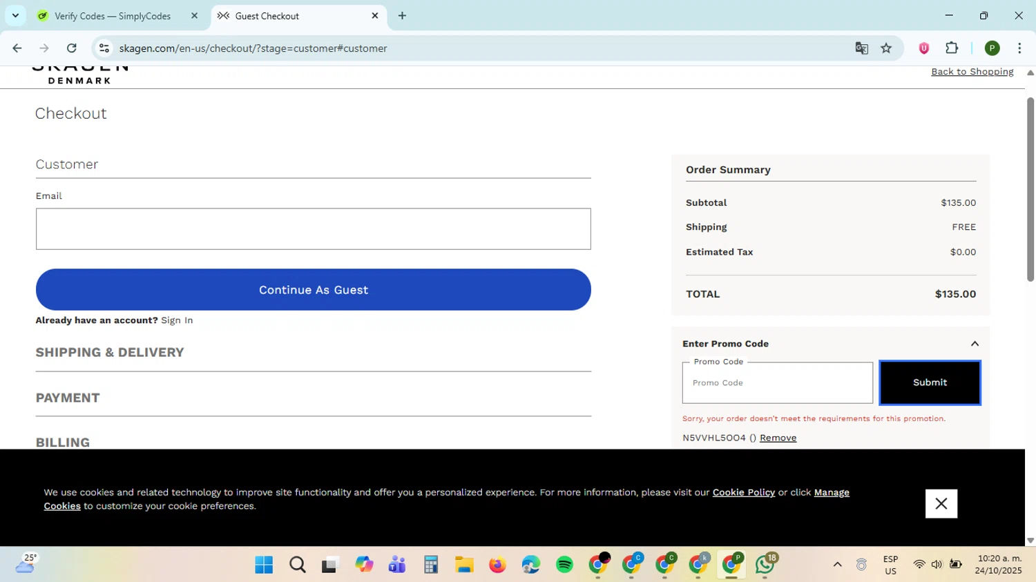 Skagen promo code screenshot showing code N5VVHL5OO4 applied at Skagen checkout page. Uploaded by SimplyCodes community member ThriftySpotter5396 on Oct 24, 2025