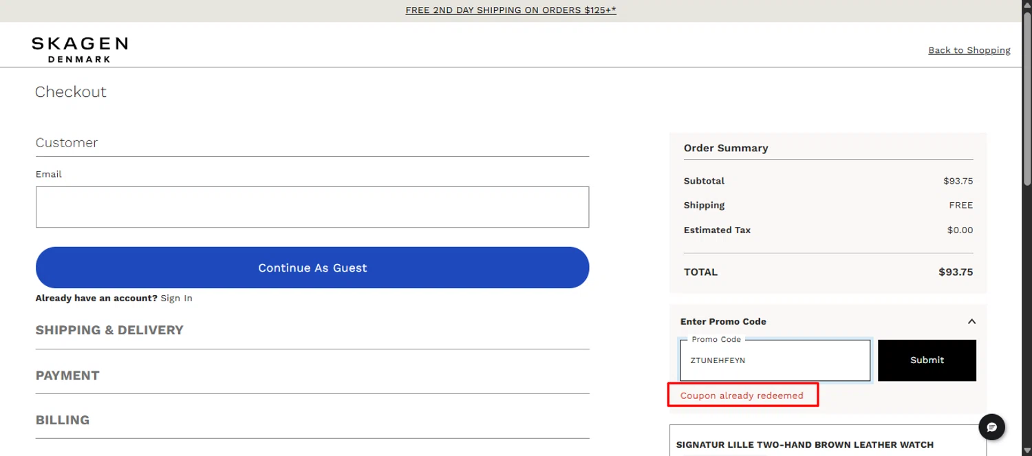 Skagen promo code screenshot showing code ZTUNEHFEYN applied at Skagen checkout page. Uploaded by SimplyCodes community member noworries on Dec 19, 2025