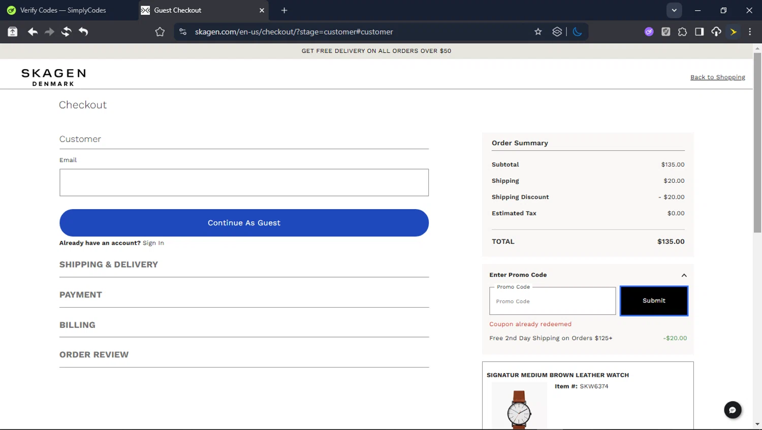 Skagen promo code screenshot showing code ZTUNEHFEYN applied at Skagen checkout page. Uploaded by SimplyCodes community member userrandon on Dec 19, 2025