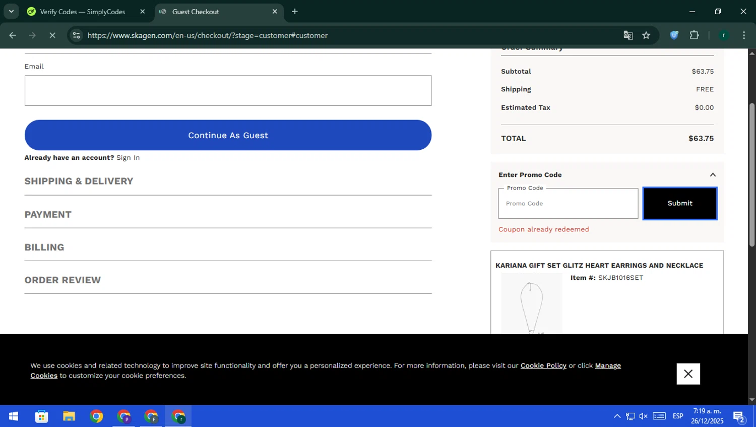 Skagen promo code screenshot showing code BLZSF4G6X3 applied at Skagen checkout page. Uploaded by SimplyCodes community member rodri1 on Dec 26, 2025