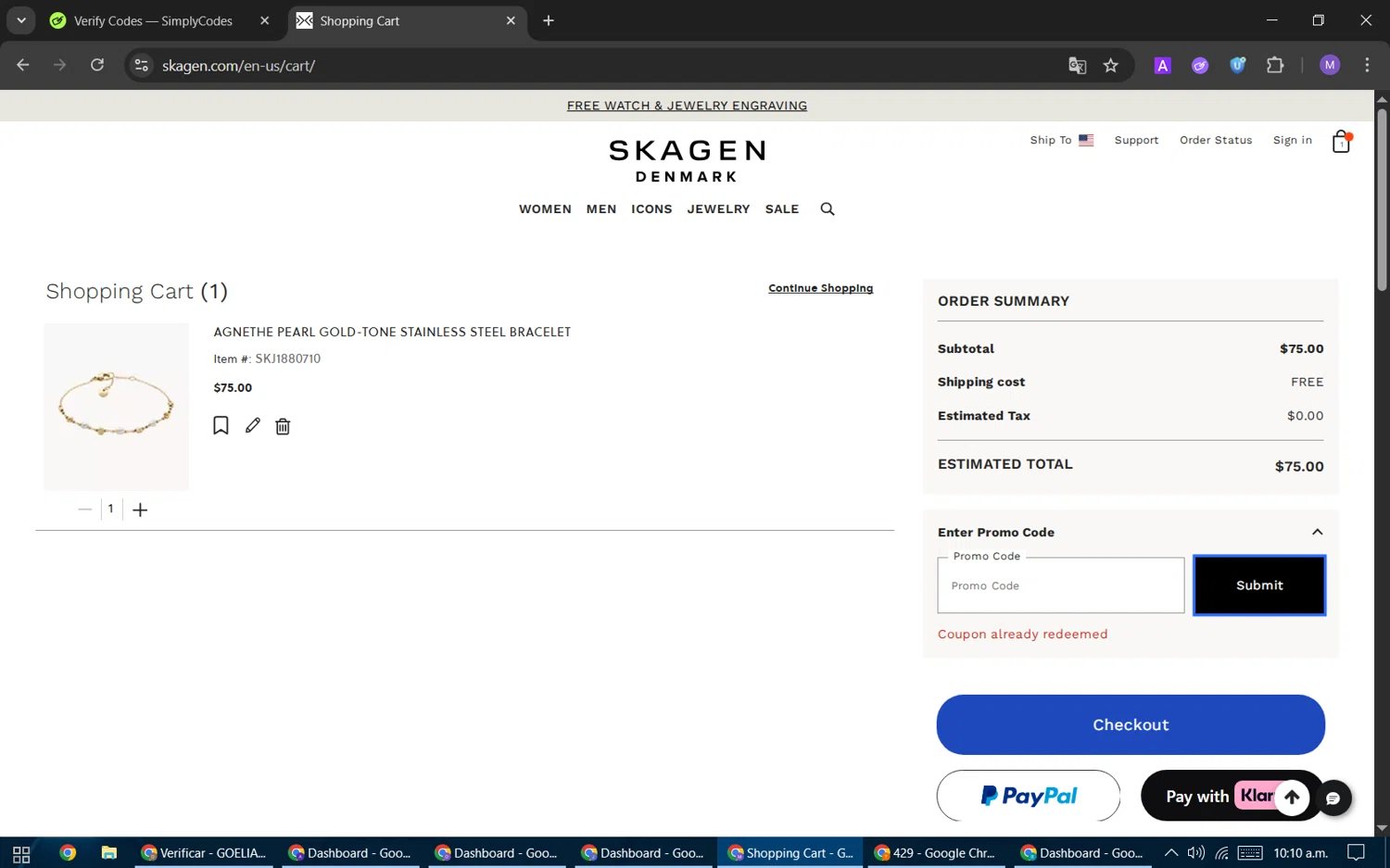 Skagen checkout page showing Skagen promo code box | Screenshot taken by SimplyCodes community member on Jan 8, 2026