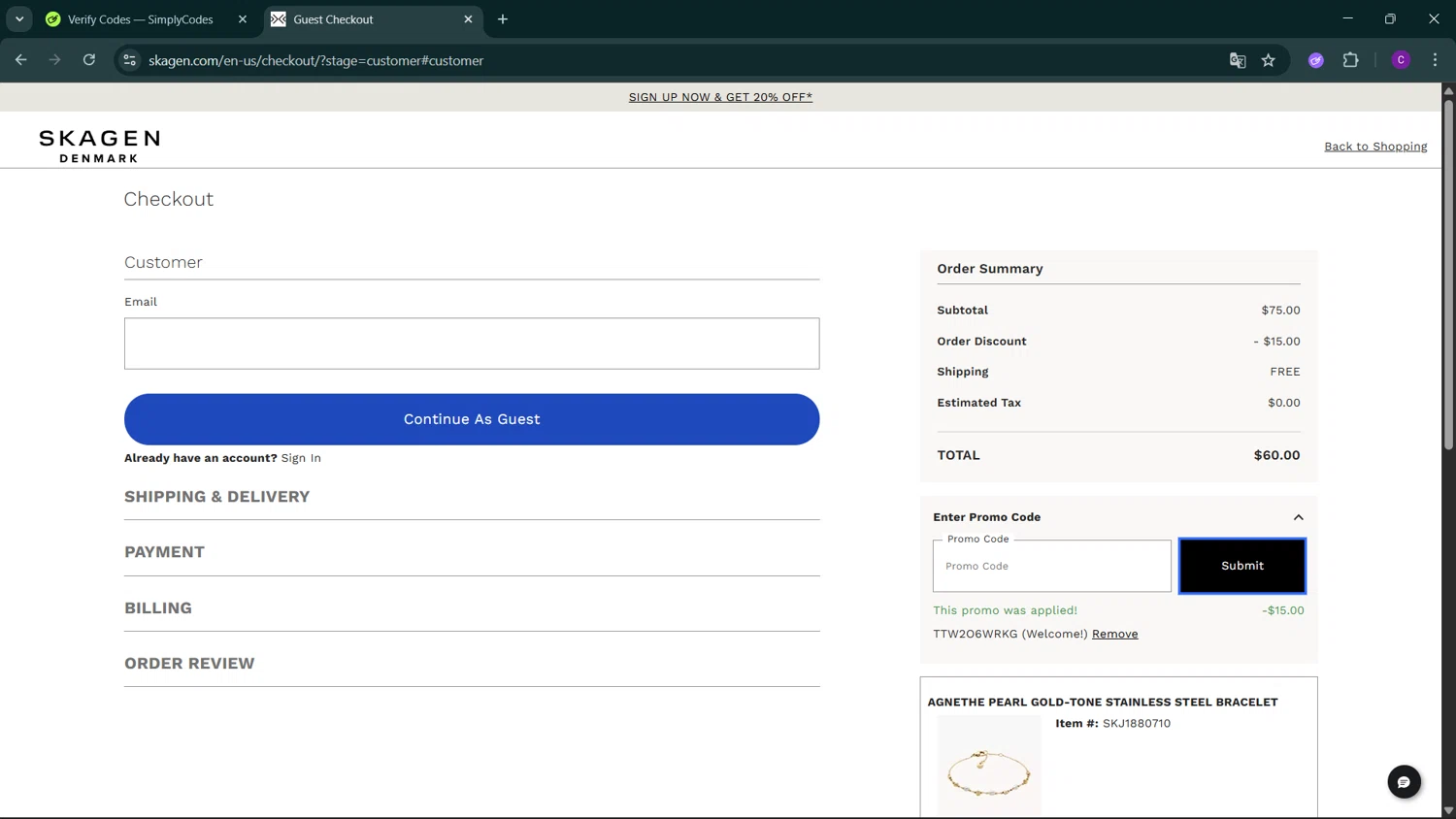 Skagen promo code screenshot showing code TTW2O6WRKG applied at Skagen checkout page. Uploaded by SimplyCodes community member GoldSeeker3096 on Jan 1, 2026