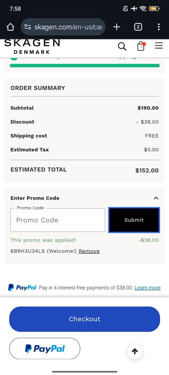 Skagen promo code screenshot showing code 6B9H3U34LS applied at Skagen checkout page. Uploaded by SimplyCodes community member RoyalSpotter5217 on Feb 18, 2026