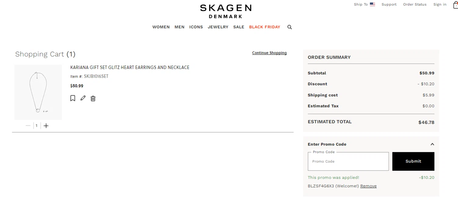 Skagen promo code screenshot showing code BLZSF4G6X3 applied at Skagen checkout page. Uploaded by SimplyCodes community member Enamorado on Nov 27, 2025