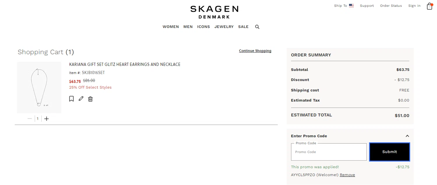 Skagen promo code screenshot showing code AYYCL5PPZO applied at Skagen checkout page. Uploaded by SimplyCodes community member Alofoke on Dec 20, 2025