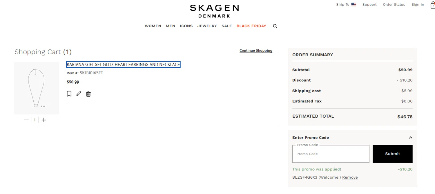 Skagen promo code screenshot showing code BLZSF4G6X3 applied at Skagen checkout page. Uploaded by SimplyCodes community member Enamorado on Nov 26, 2025
