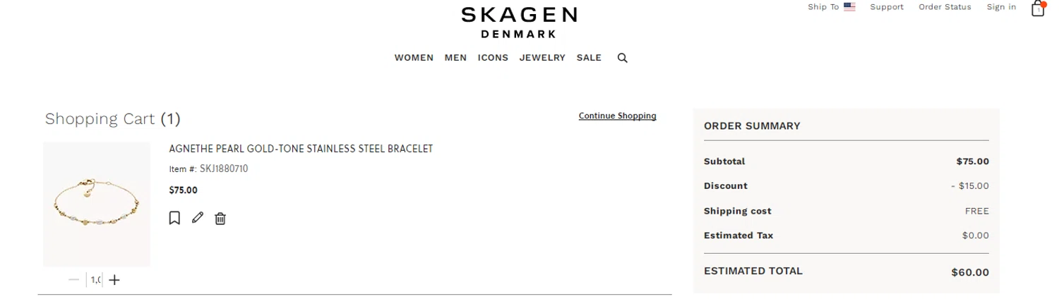 Skagen promo code screenshot showing code TTW2O6WRKG applied at Skagen checkout page. Uploaded by SimplyCodes community member Enamorado on Jan 1, 2026