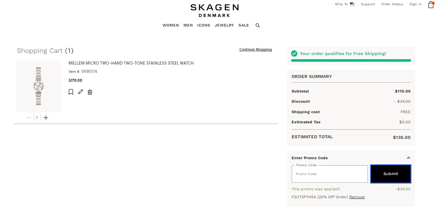 Skagen promo code screenshot showing code F2UT2FYH54 applied at Skagen checkout page. Uploaded by SimplyCodes community member RonaldAcunaJr on Jan 31, 2026