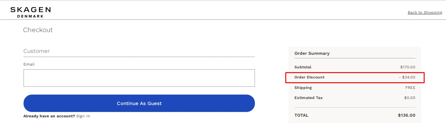 Skagen promo code screenshot showing code 6APWI4ETO7 applied at Skagen checkout page. Uploaded by SimplyCodes community member RonaldAcunaJr on Jan 30, 2026