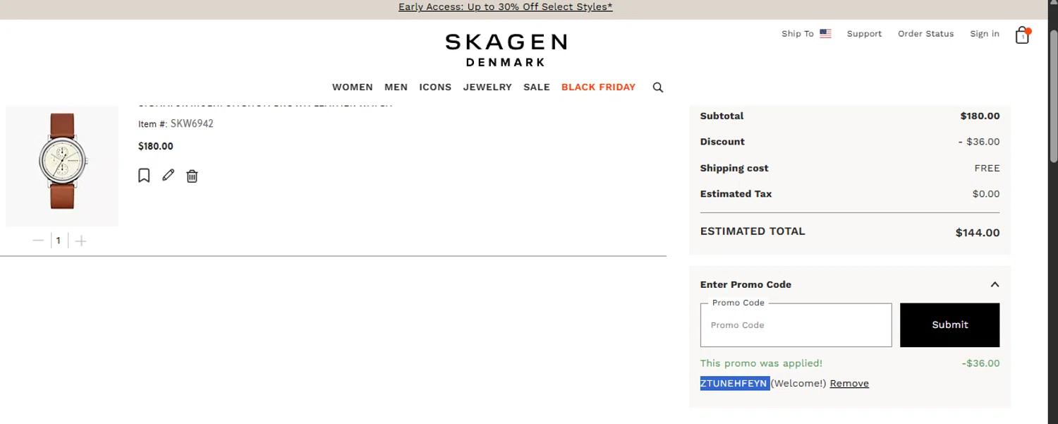 Skagen promo code screenshot showing code ZTUNEHFEYN applied at Skagen checkout page. Uploaded by SimplyCodes community member ashe1986 on Nov 20, 2025