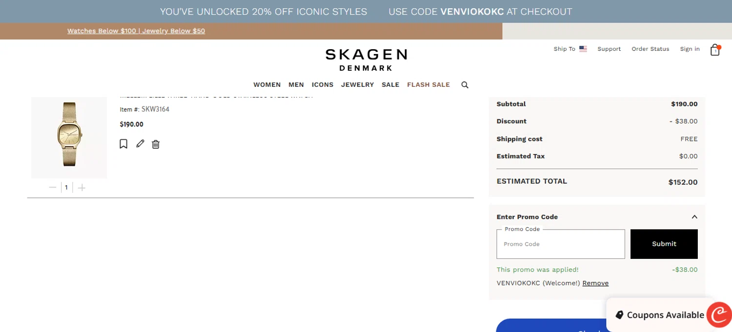 Skagen promo code screenshot showing code VENVIOKOKC applied at Skagen checkout page. Uploaded by SimplyCodes community member bettercallkim on Oct 14, 2025
