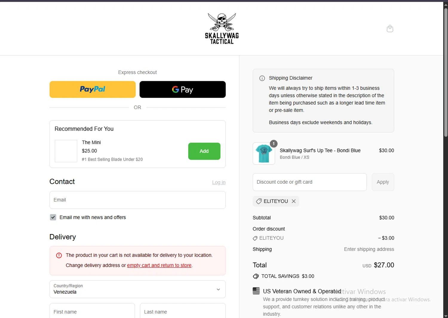 Skallywag Tactical discount code screenshot showing code ELITEYOU applied at Skallywag Tactical checkout page. Uploaded by SimplyCodes community member Carlosramirez09 on Aug 13, 2025