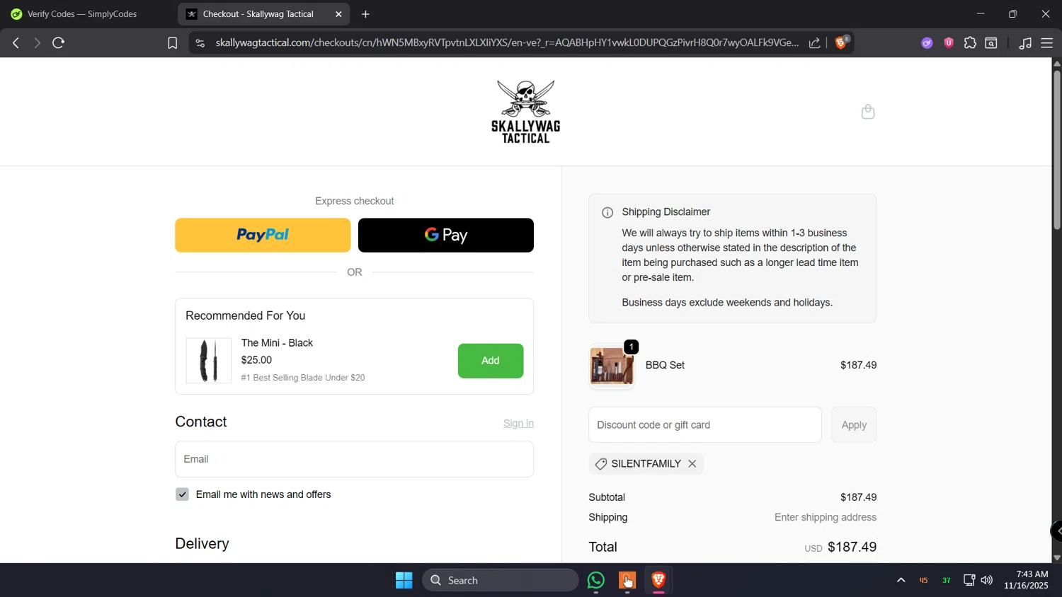 Skallywag Tactical discount code screenshot showing code SILENTFAMILY applied at Skallywag Tactical checkout page. Uploaded by SimplyCodes community member Holadiablo on Nov 16, 2025