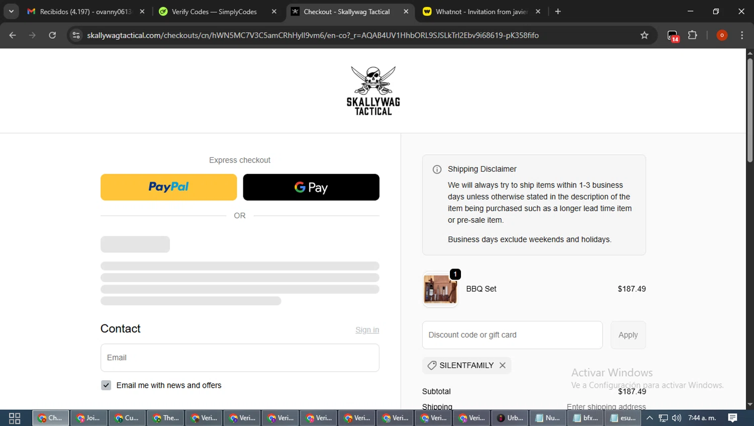 Skallywag Tactical discount code screenshot showing code SILENTFAMILY applied at Skallywag Tactical checkout page. Uploaded by SimplyCodes community member WiseTracker2171 on Nov 16, 2025