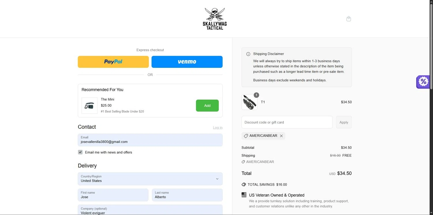 Skallywag Tactical discount code screenshot showing code AMERICANBEAR applied at Skallywag Tactical checkout page. Uploaded by SimplyCodes community member Depressive on Jun 22, 2025