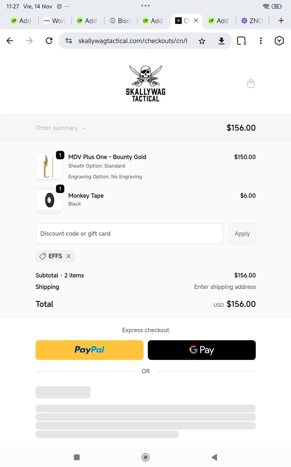 Skallywag Tactical discount code screenshot showing code Effs applied at Skallywag Tactical checkout page. Uploaded by SimplyCodes community member KarinaHZ on Nov 14, 2025