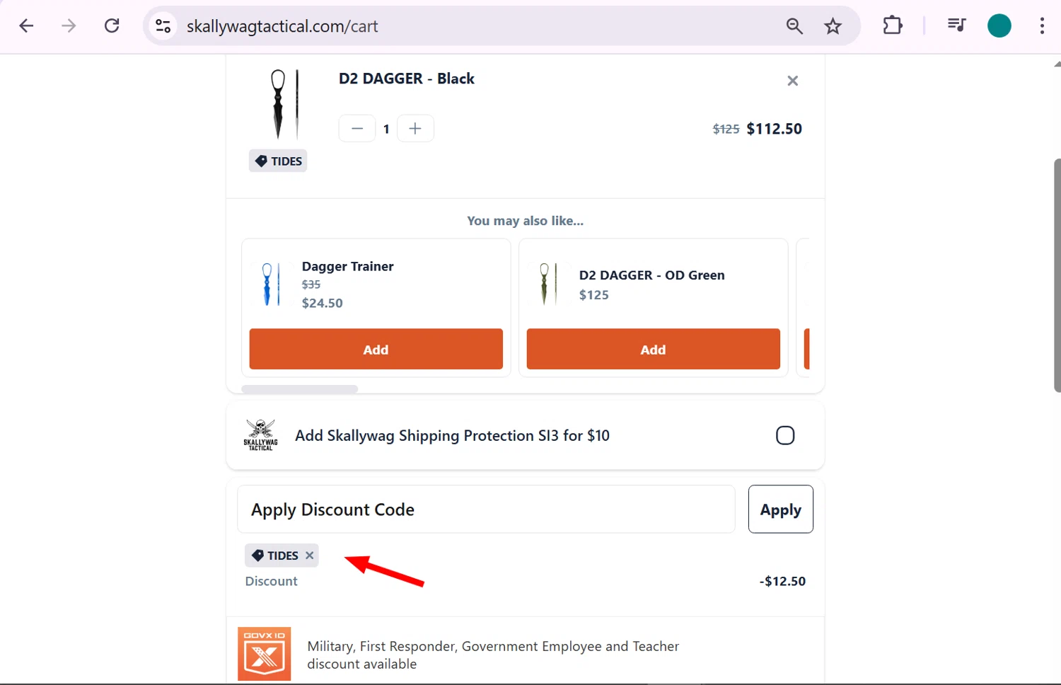 Skallywag Tactical discount code screenshot showing code TIDES applied at Skallywag Tactical checkout page. Uploaded by SimplyCodes community member anosesmith on Dec 17, 2025