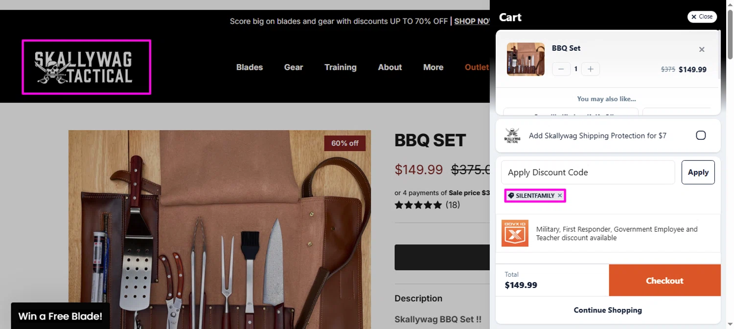 Skallywag Tactical discount code screenshot showing code SILENTFAMILY applied at Skallywag Tactical checkout page. Uploaded by SimplyCodes community member mrdarcy on Sep 4, 2025