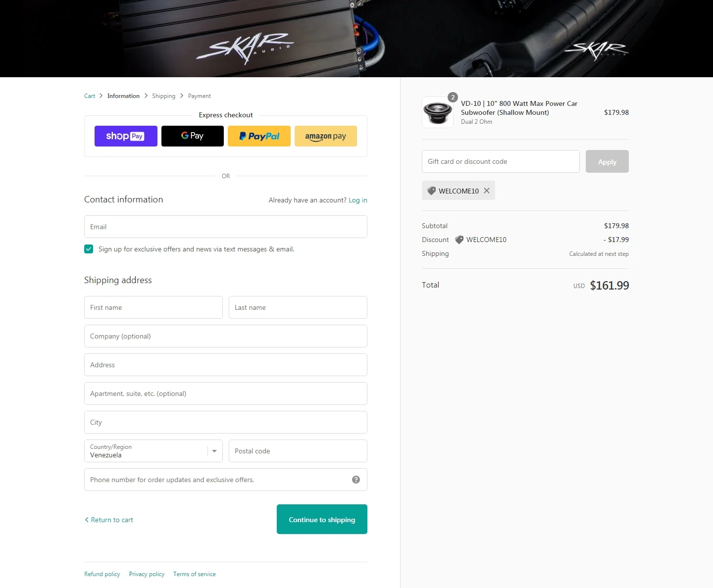 Skar Audio checkout page showing Skar Audio discount code box | Screenshot taken by SimplyCodes community member on May 11, 2021