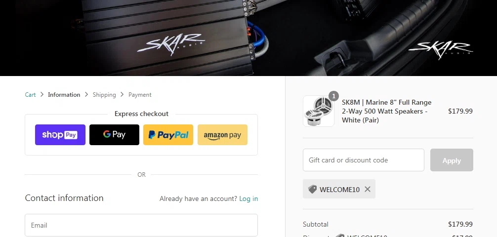 Skar Audio checkout page showing Skar Audio discount code box | Screenshot taken by SimplyCodes community member on Apr 12, 2021
