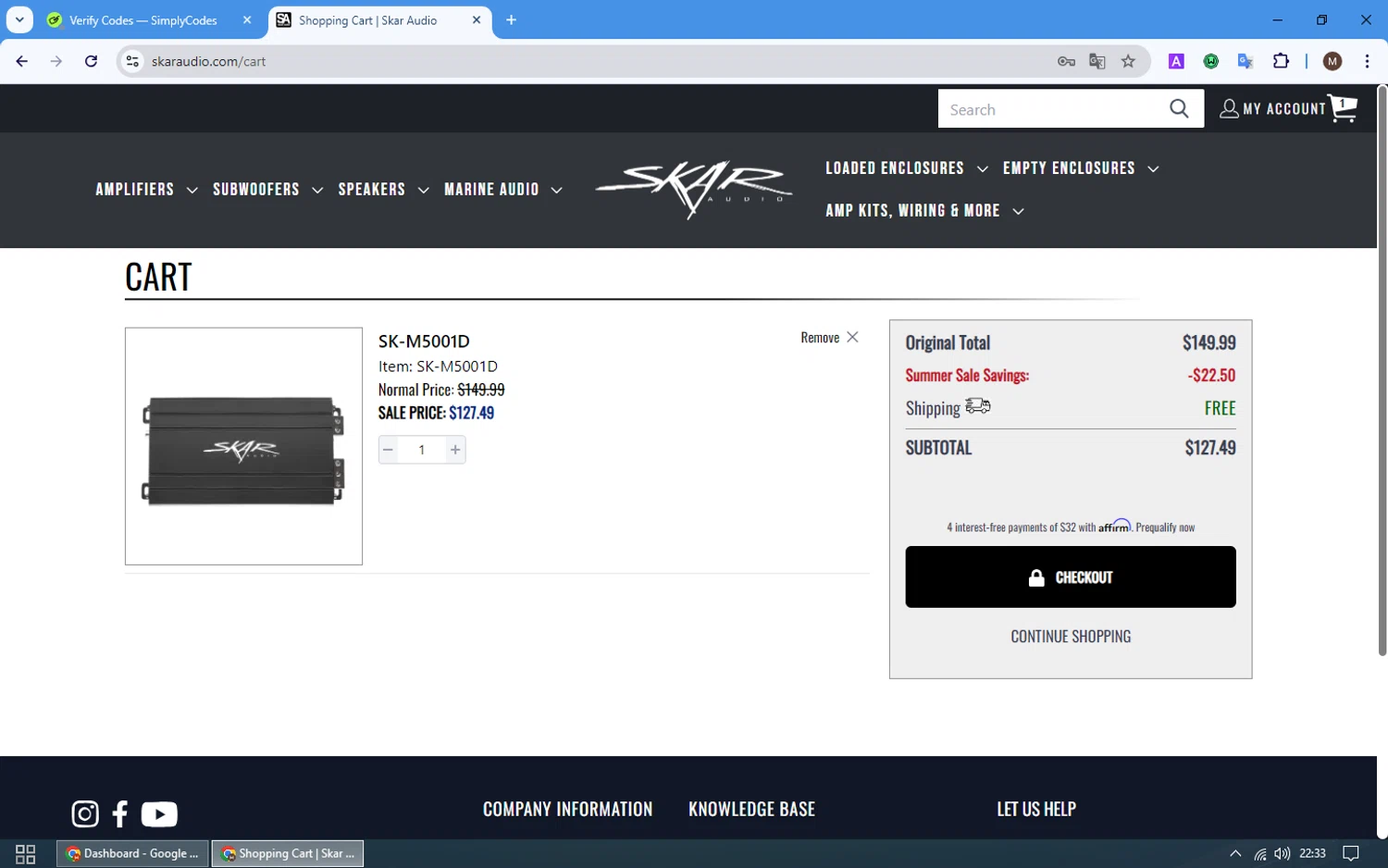 Skar Audio checkout page showing Skar Audio discount code box | Screenshot taken by SimplyCodes community member on Aug 28, 2024