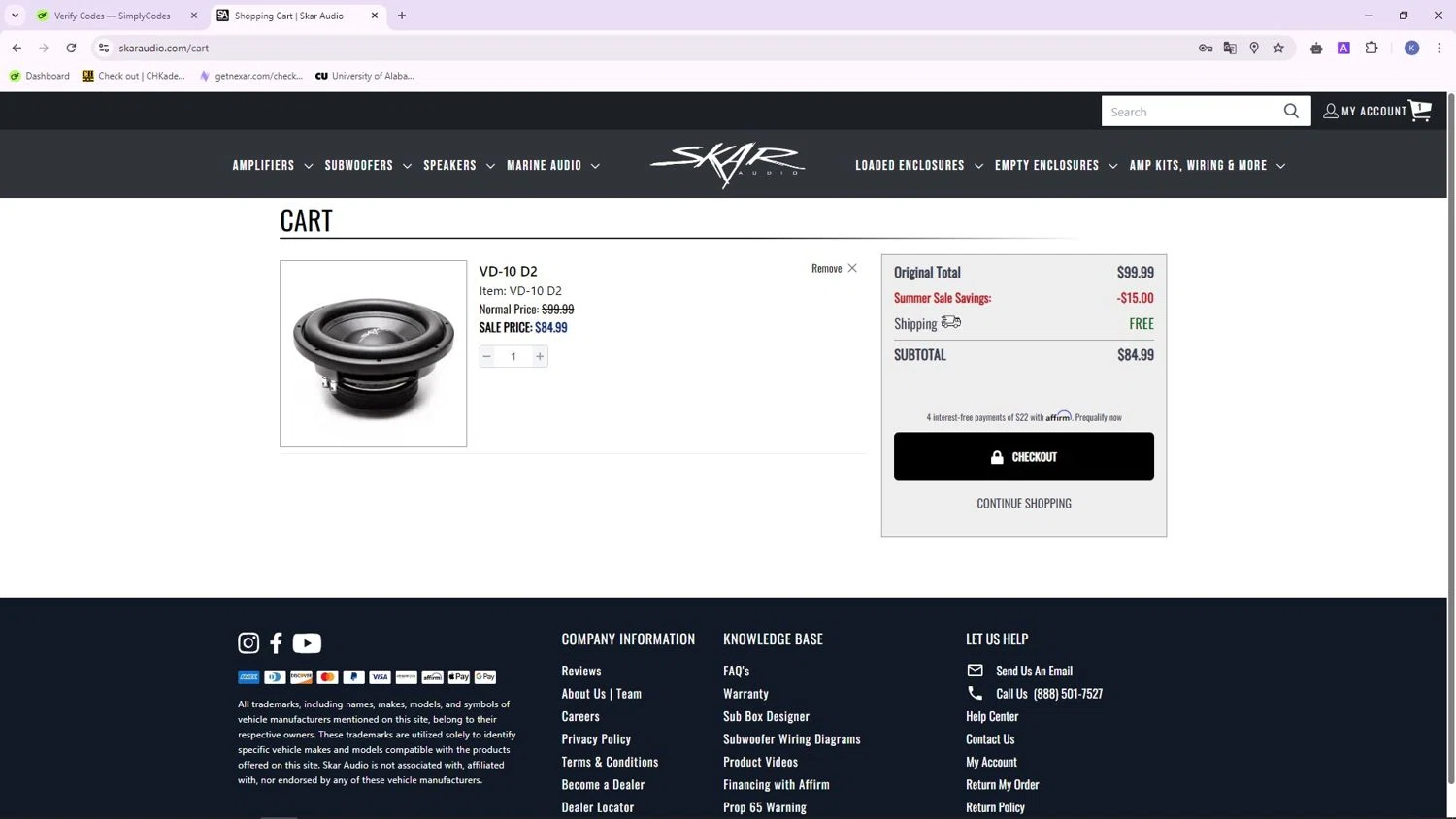 Skar Audio checkout page showing Skar Audio discount code box | Screenshot taken by SimplyCodes community member on Sep 11, 2024