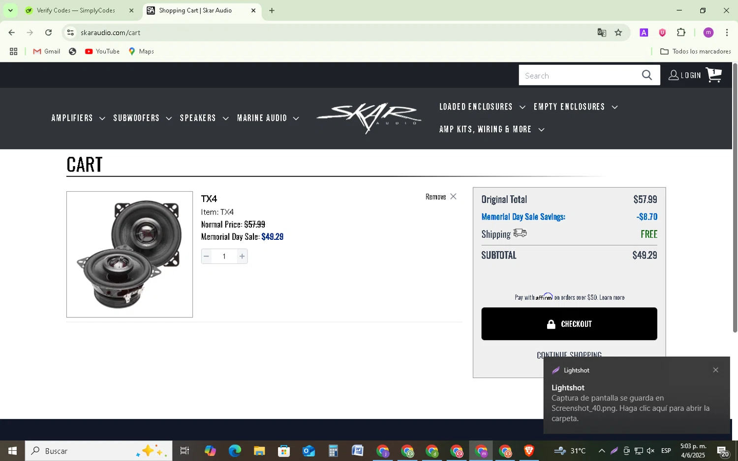 Skar Audio discount code screenshot showing code MORPH applied at Skar Audio checkout page. Uploaded by SimplyCodes community member BudgetMonarch8952 on Jun 4, 2025